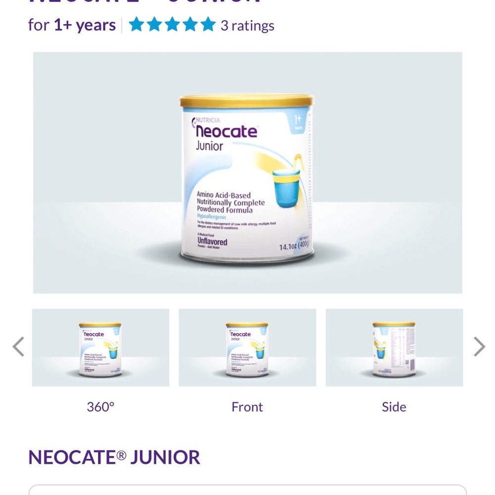 4 cans of Neocate Junior unflavored. Unopened.
